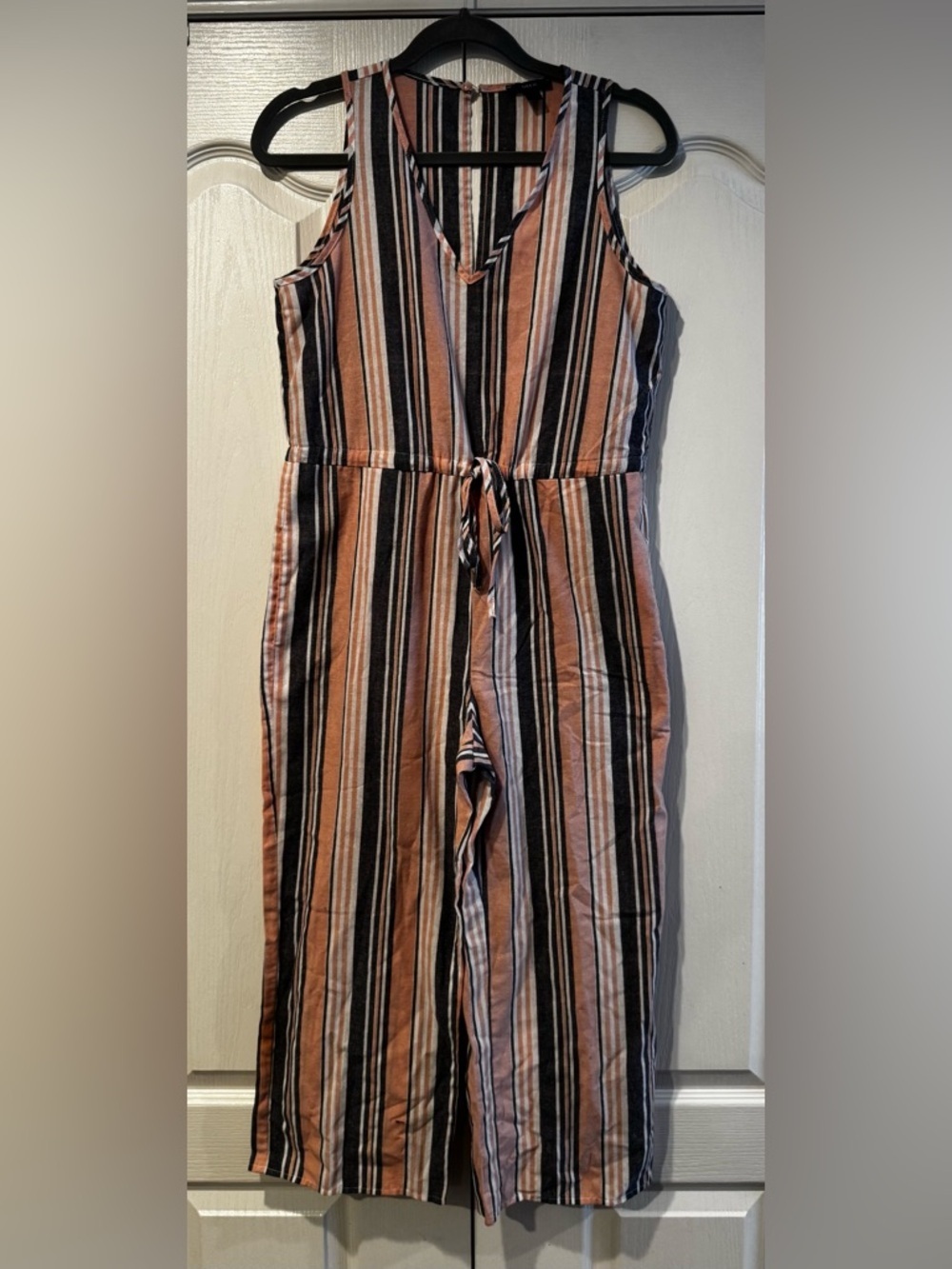 DREW by Anthropologie Neutral Striped Sleeveless Tie Waist Jumpsuit - Size M?